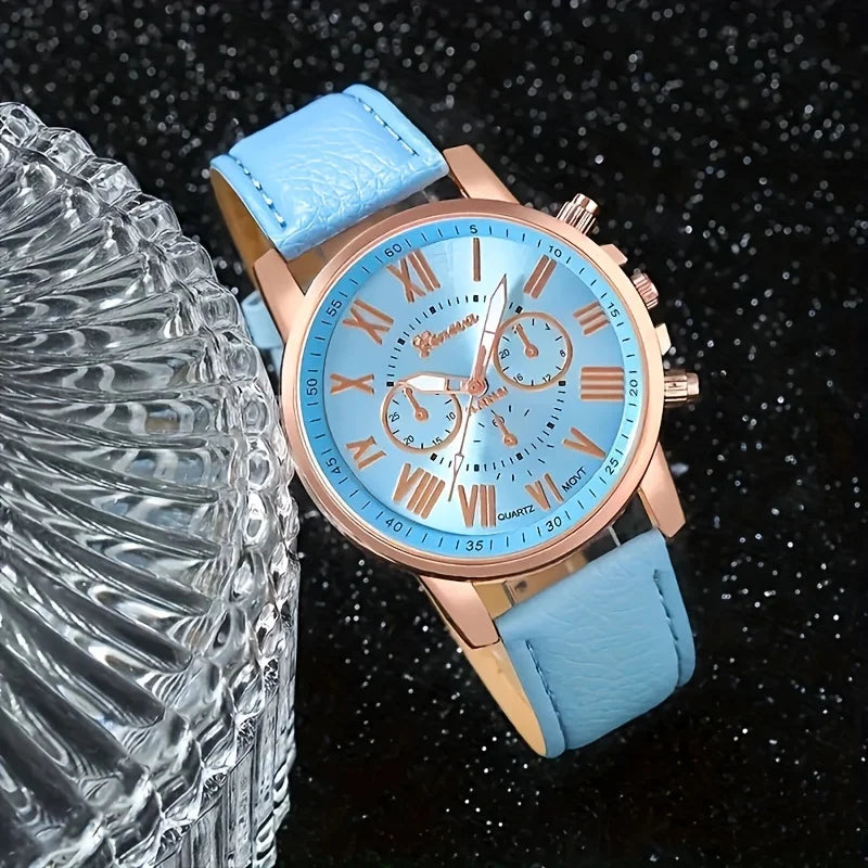 PU Leather Strap Zinc Alloy Case Quartz Watch Jewelry Set