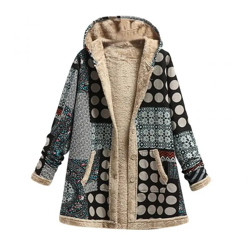 Women's Print Thick Fleece Hooded Long Loose Coat