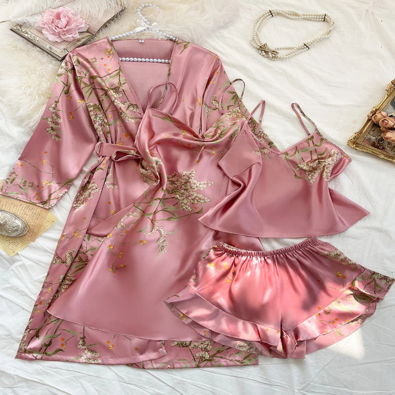 Women's 4Pcs Irregular Cherry Print Comfortable Bathrobe Halter Shorts Pajama Set
