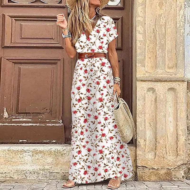 Women's Short Sleeve Belted Ruffle Bohemian Maxi Sun Dress