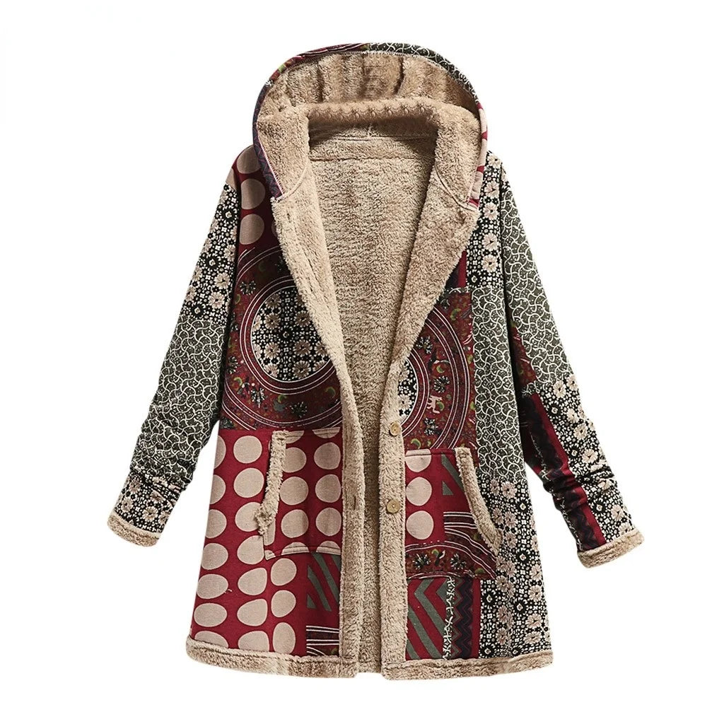 Women's Print Thick Fleece Hooded Long Loose Coat