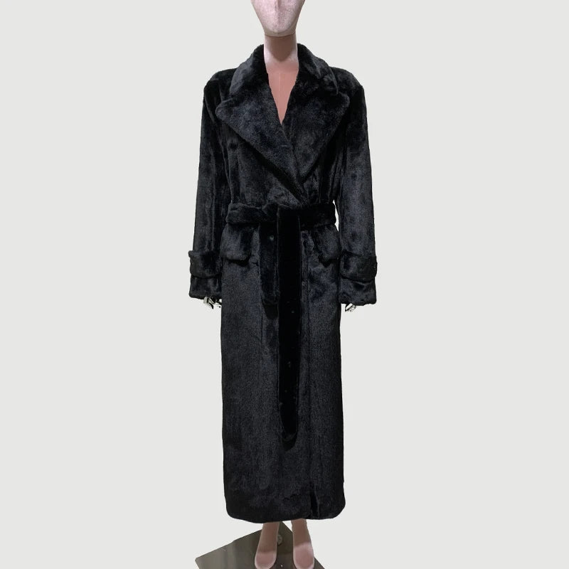 Women's Fluffy Thick Soft Maxi Faux Fur Double Breasted Coat