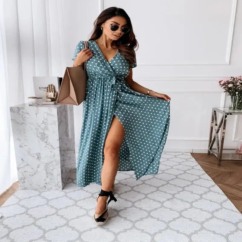 Women's Short Sleeve V-Neck Polka Dot Split Boho Dress