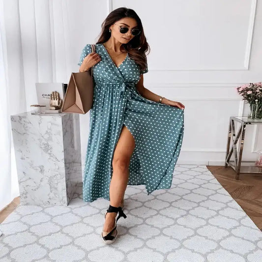 Women's Short Sleeve V-Neck Polka Dot Split Boho Dress