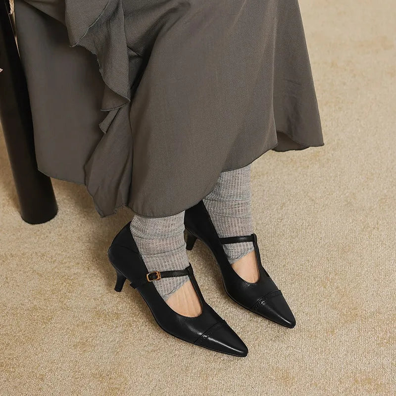 Women's Cow Leather T-Strap Pumps Shoes