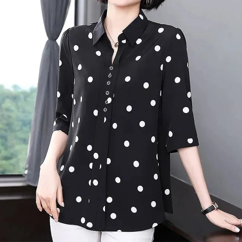 Women's Solid Polka Dot Chiffon V-Neck Shirt