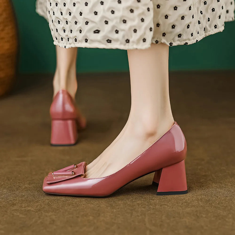 Women's Genuine Leather High Thick Heels Pumps Shoes