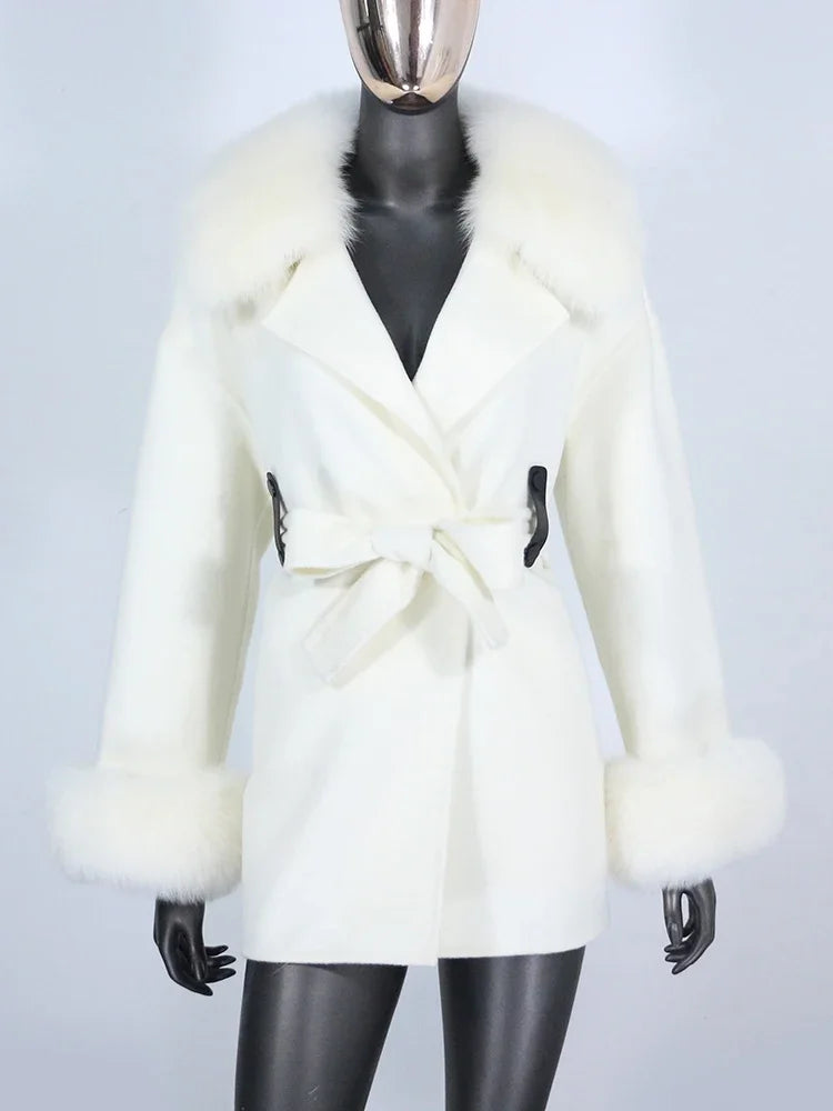 Women's Natural Fox Fur Collar Cashmere Wool Coat
