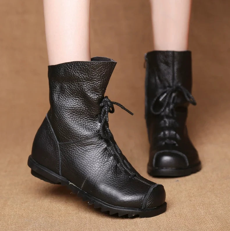 Women's Genuine Leather Plush Retro Waterproof Short Boots