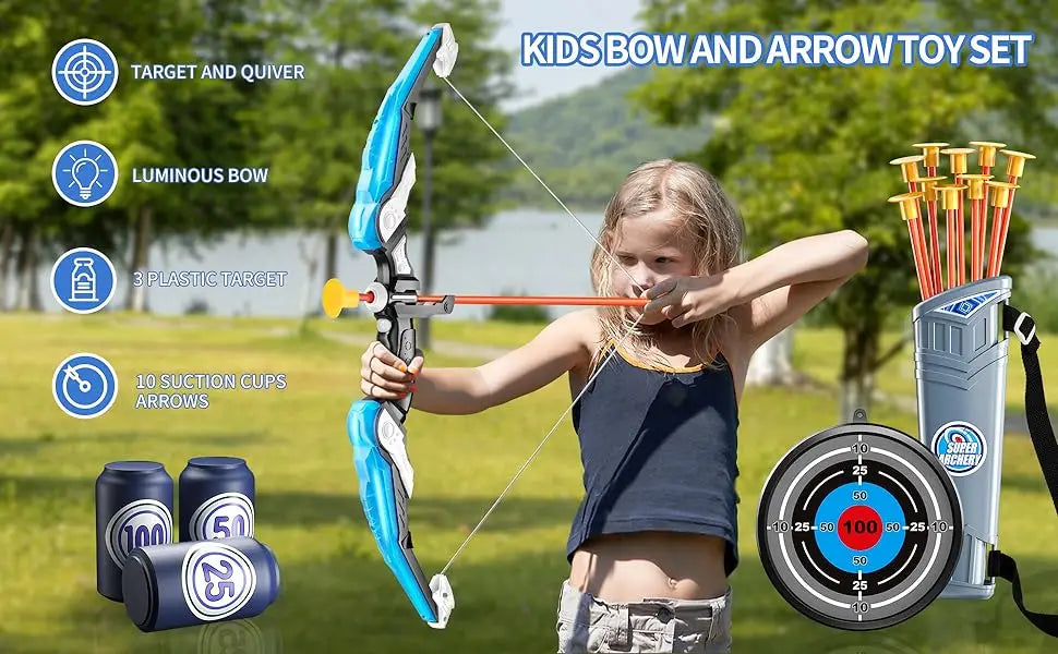 Kids LED Light Up Archery Bow 10 Suction Cup Arrows Set Toy