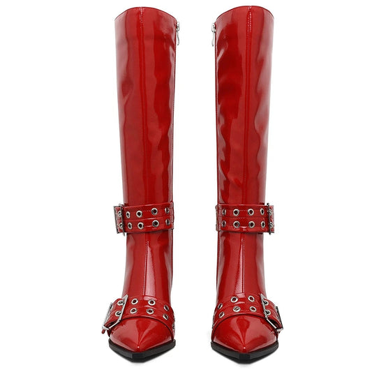 Women's Leather Metal Buckle Zipper Knee Boots