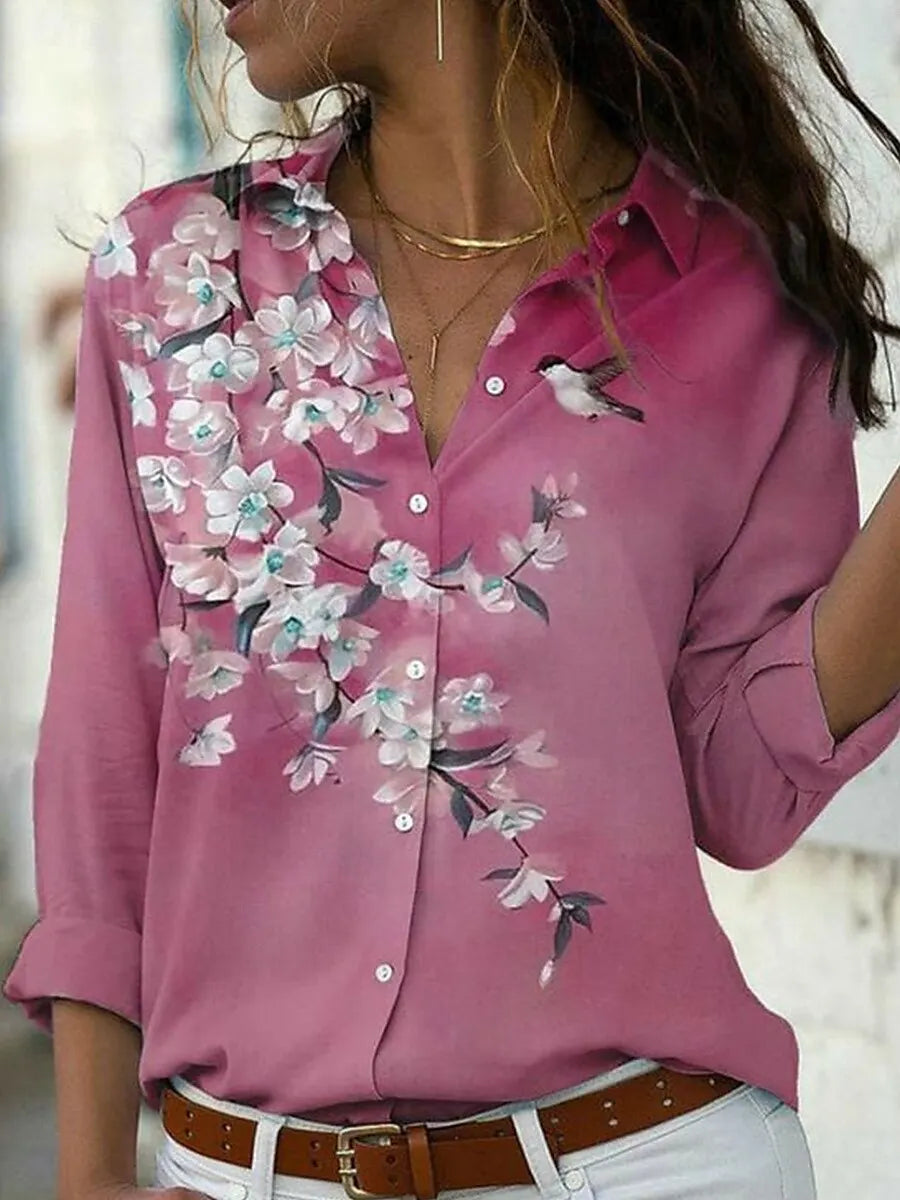 Women's Floral Graphic Stylish Long Sleeved Collar Shirt Tops