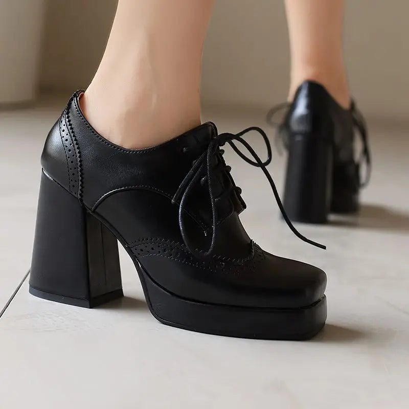 Women's Toe Chunky Heels Lace Up Pumps Shoes