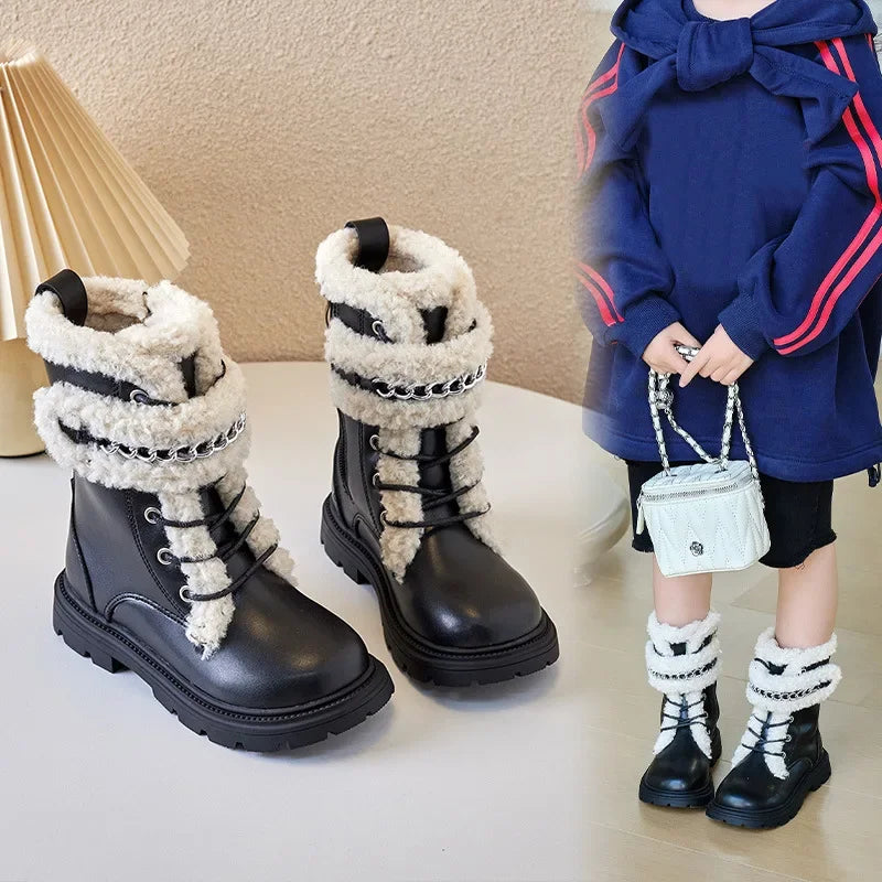 Children's Cotton PU Elegant PU Soft Retro Warm Ankle Boots