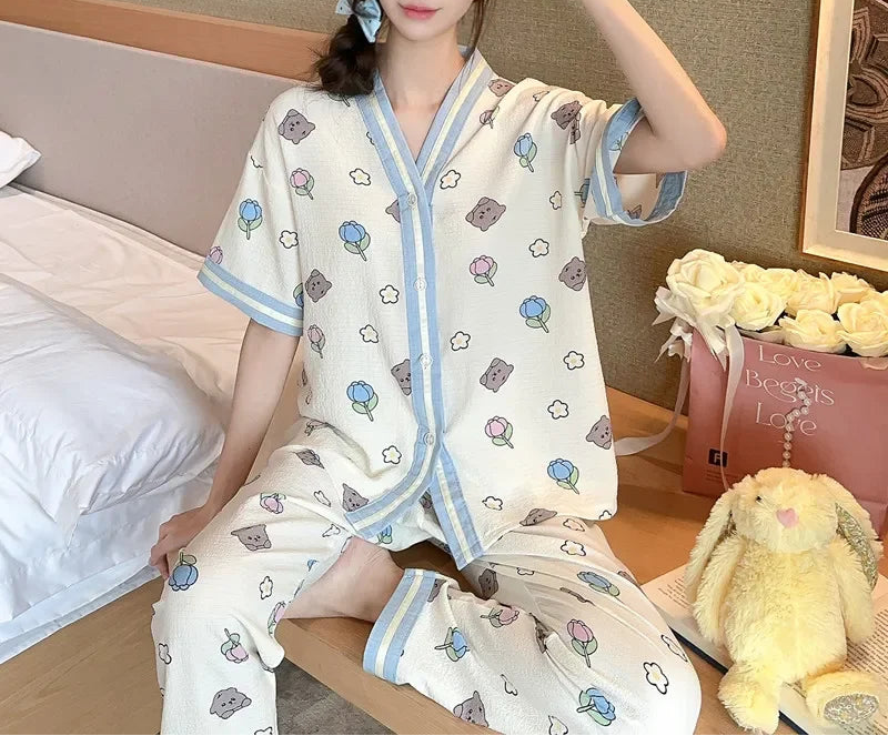 Women 2PCS Casual Classic Sweet Purple Floral Pajamas
