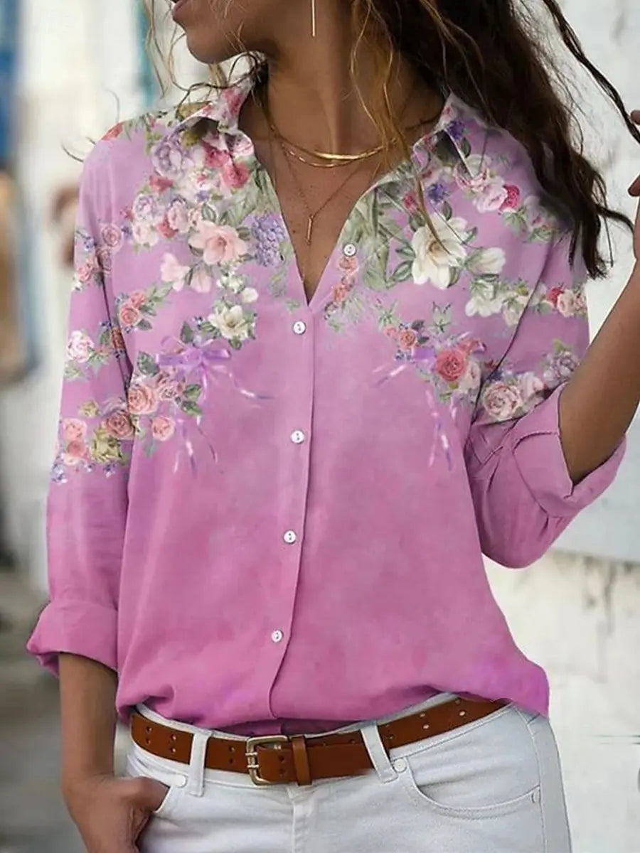 Women's Floral Graphic Stylish Long Sleeved Collar Shirt Tops