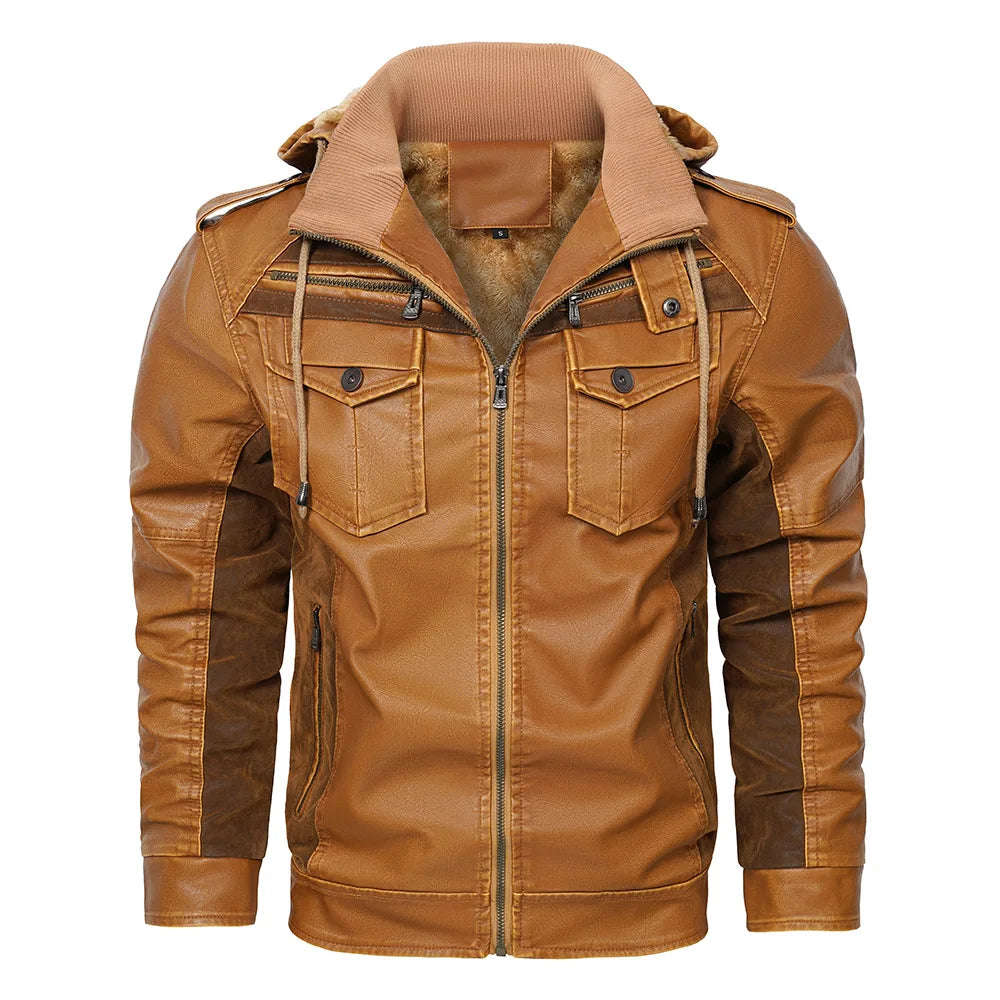 Men's Fur Leather Hooded Zipper Biker Jacket