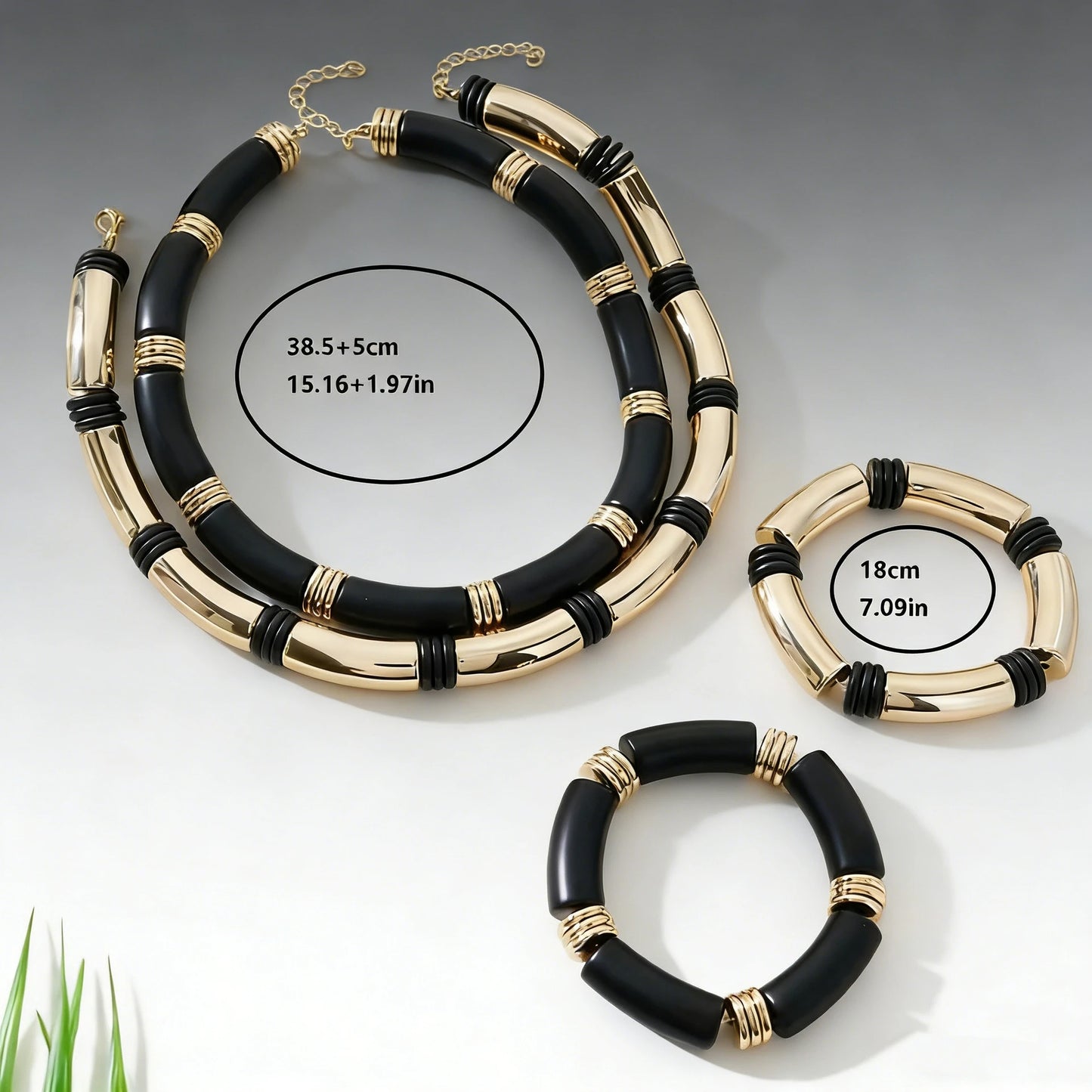 Women's 2PCS Thick Double Line Metal Tube Necklace Bracelet Set