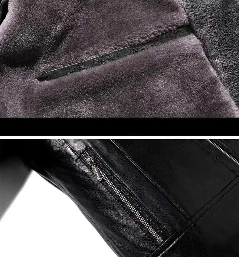 Men's Slim Fur Collar Fleece PU Leather Biker Jacket