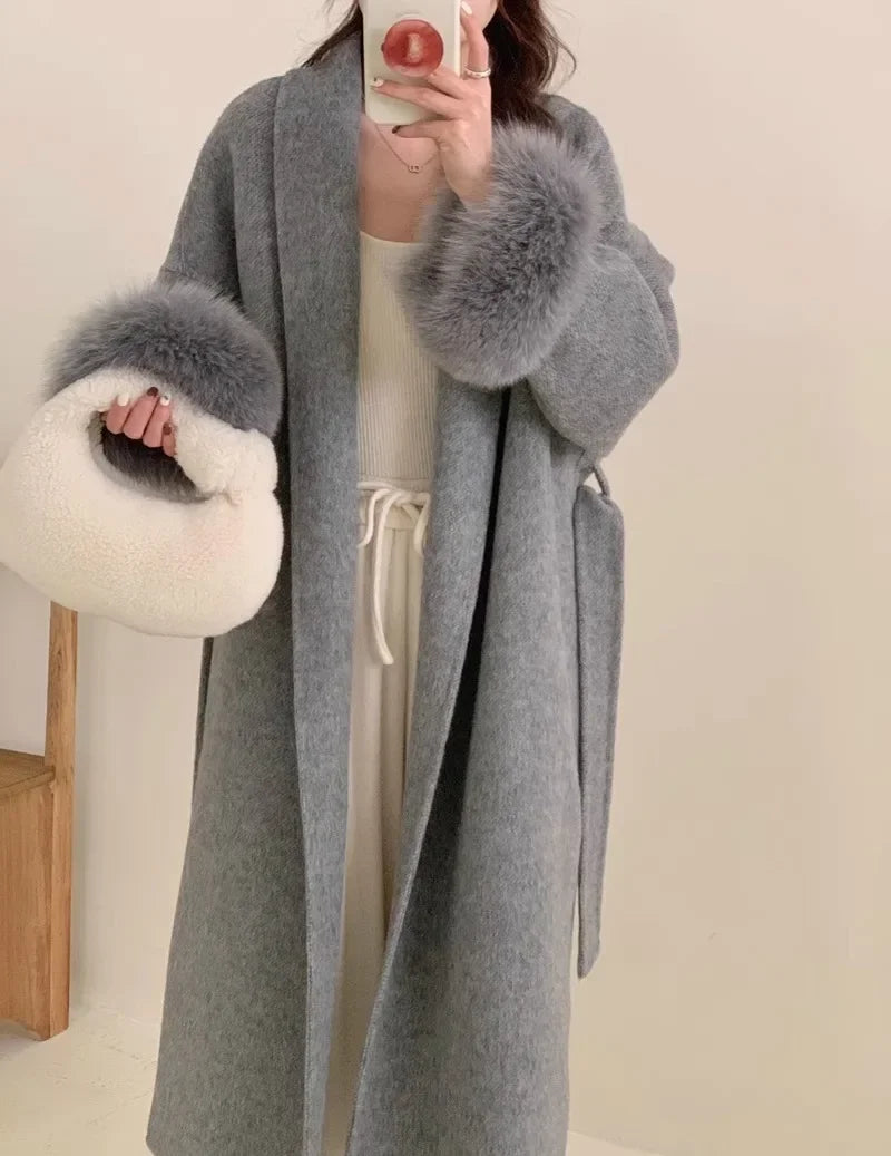 Women's Long Fur Woolen Double Sided Cashmere Coat