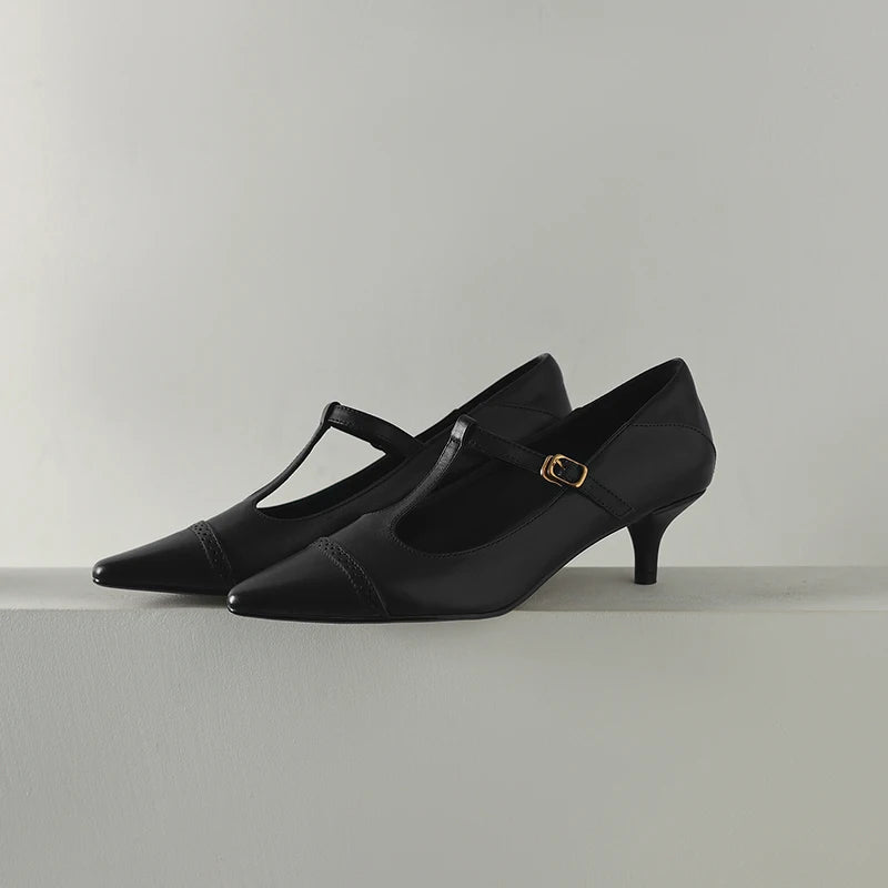 Women's Cow Leather T-Strap Pumps Shoes