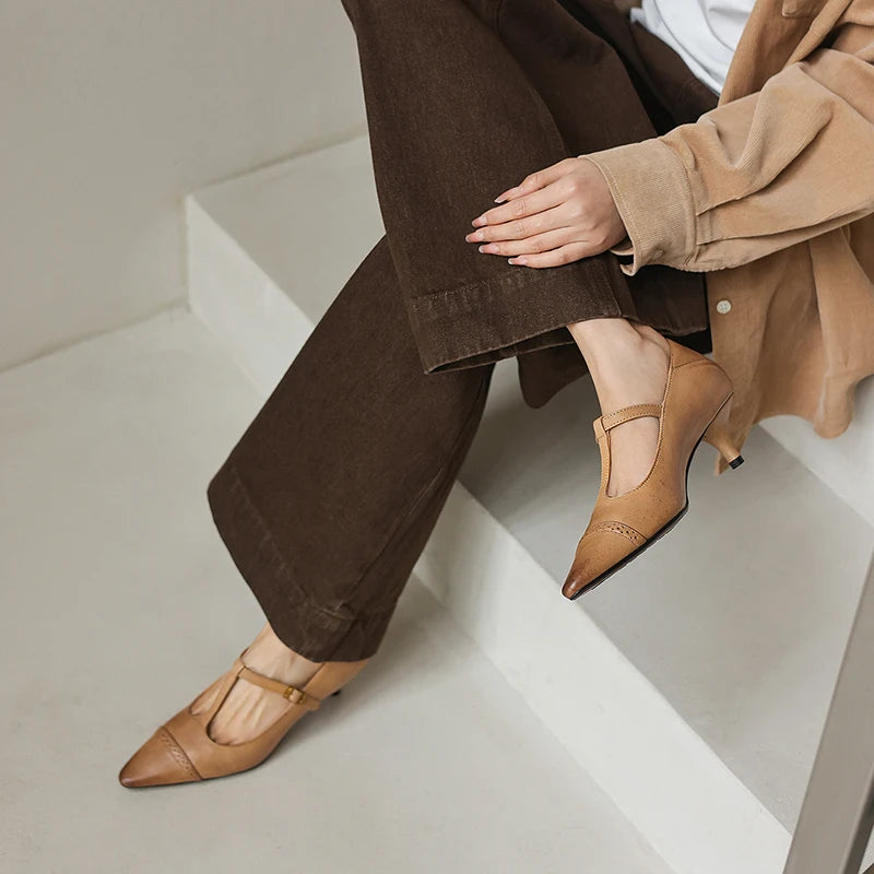 Women's Cow Leather T-Strap Pumps Shoes