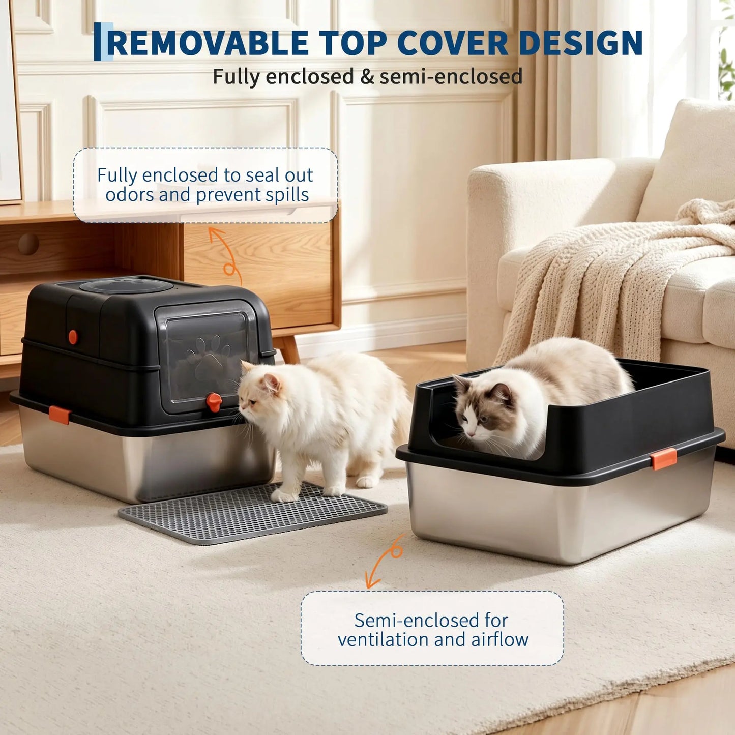 Enclosed Stainless Steel Litter Box With Lid Anti Leak Front Entry
