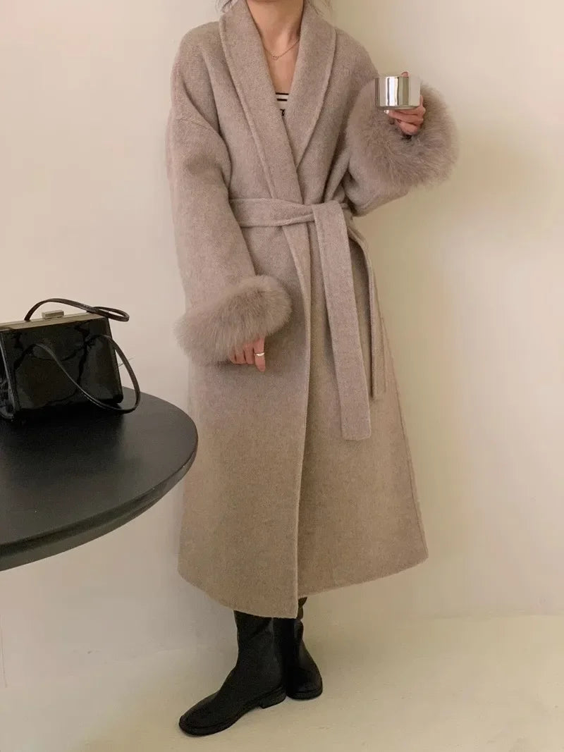 Women's Long Fur Woolen Double Sided Cashmere Coat
