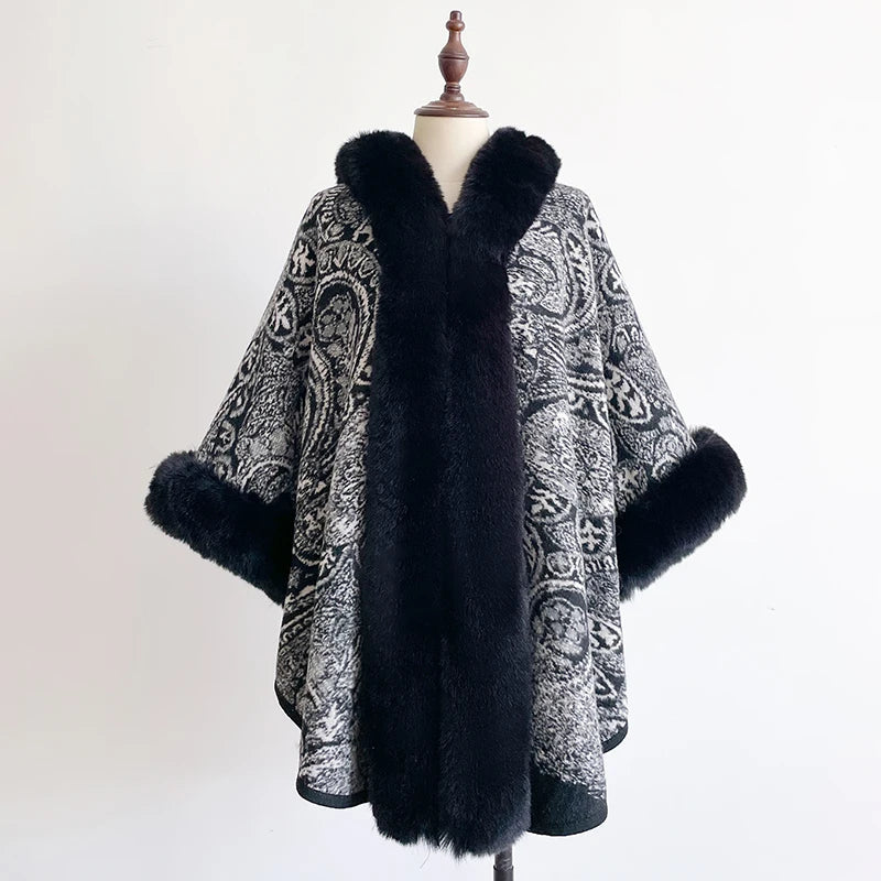 Women's Mink Wool Full Trims Faux Fur Hooded Fleece Wrap Cape