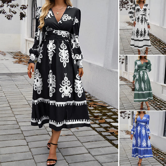 Women Vintage Printed V-neck Long Sleeve A-Line Hem Dress