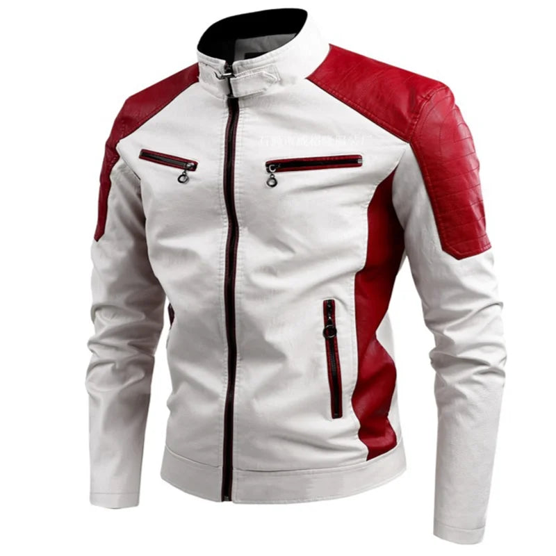 Men's Windproof Motorcycle Spliced PU Leather Jacket