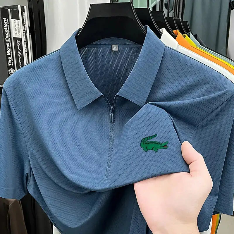 Men's Textured Seamless Half Zipper Short Sleeve Polo Shirt