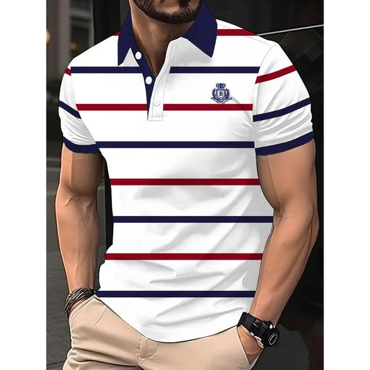 Men's Short Sleeved Striped Breathable Polo T-Shirt