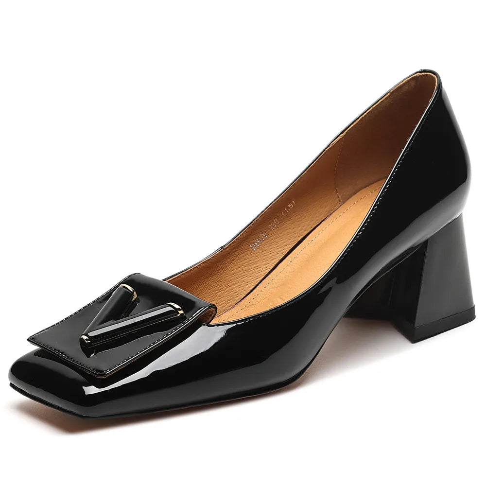 Women's Genuine Leather High Thick Heels Pumps Shoes
