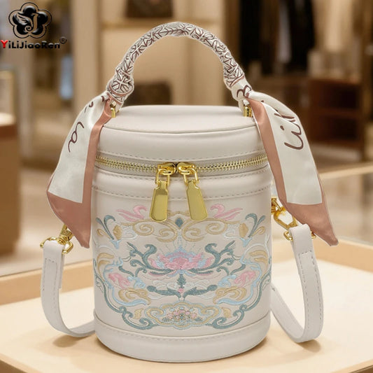 Women's Bucket Cylindrical Quality Leather Shoulder Bag