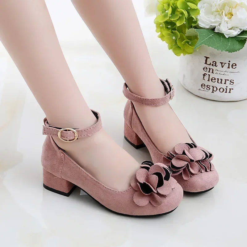 Girls Leather Floral Performance Flock Fabric Shoes