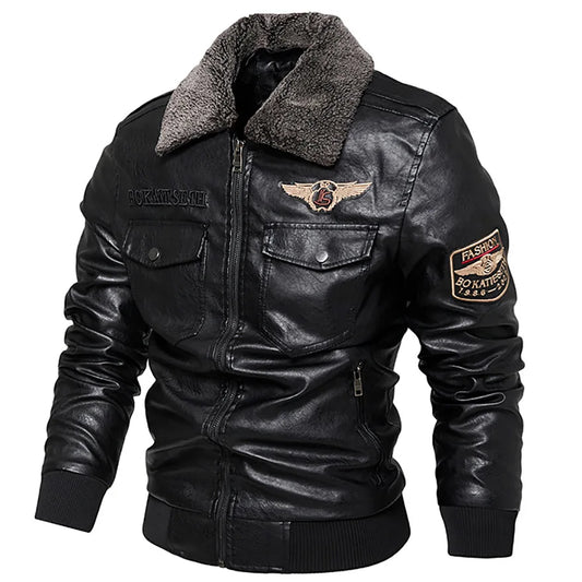 Men's Fleece Fur Collar Windbreaker Pu Bomber Jacket