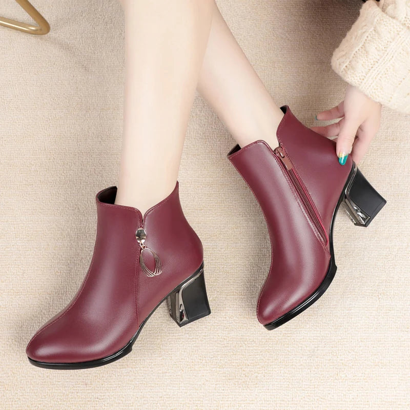 Women's Pointed Genuine Leather High Heel Dress Boots