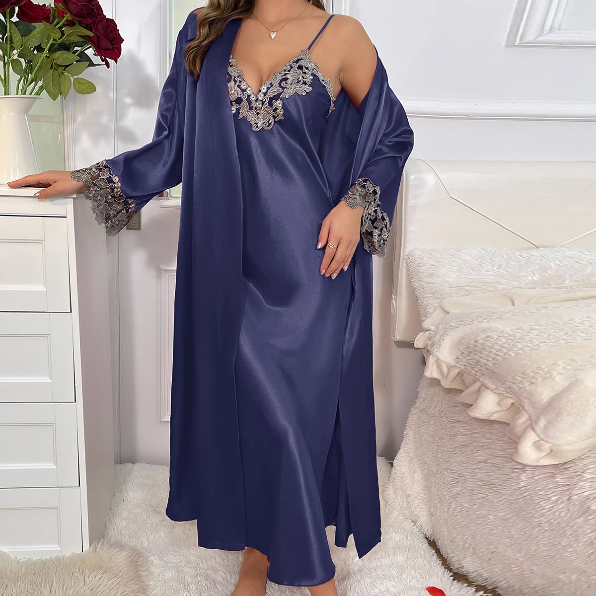 Women's Contrast Lace Long Sleeve Belted Robe Pajamas Set