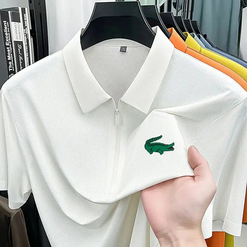 Men's Textured Seamless Half Zipper Short Sleeve Polo Shirt