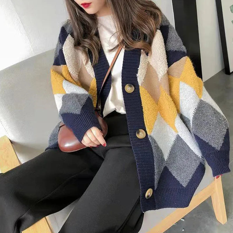 Women's Plaid Loose Checkered Button Thick Sweater Cardigan