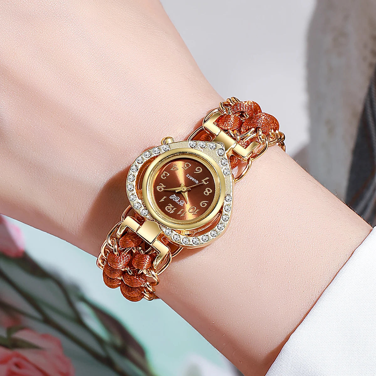 Women's Rhinestone Heart Dial Woven Strap Quartz Wristwatch
