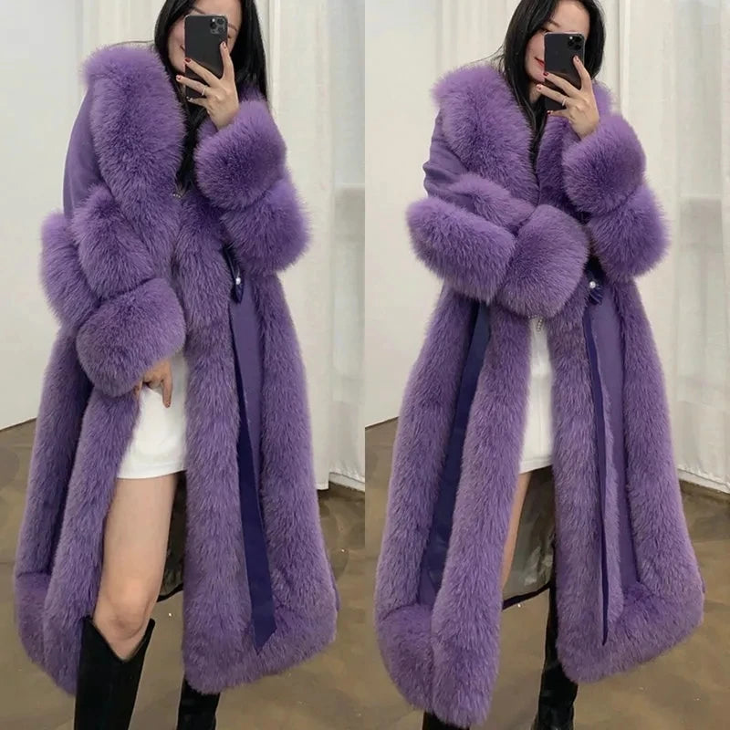 Women's Long Loose  Wool Faux Fur Coat