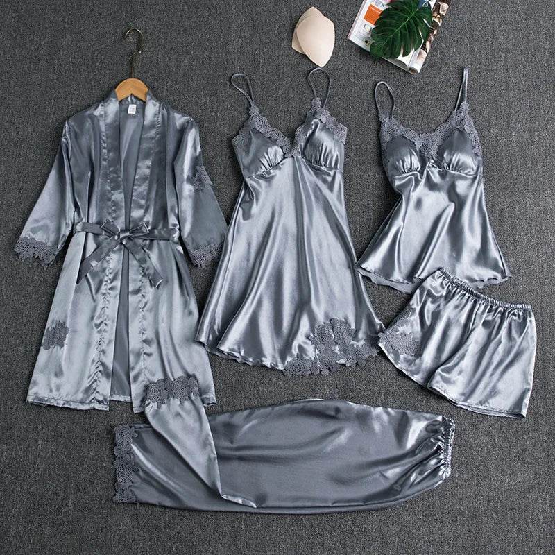 Women's 5Pcs Bridesmaid Dress Long Sleeved Plus Size Bathrobe Set