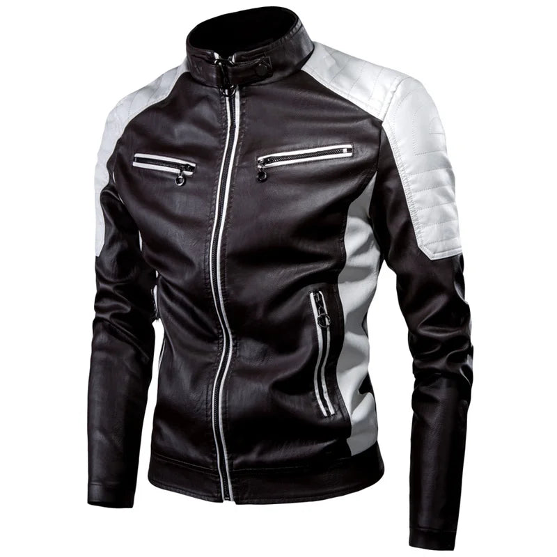 Men's Windproof Motorcycle Spliced PU Leather Jacket