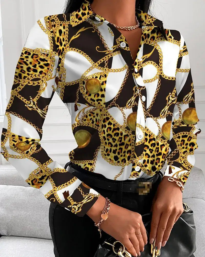 Women Turn-Down Collar Long Sleeve Blouse Shirt