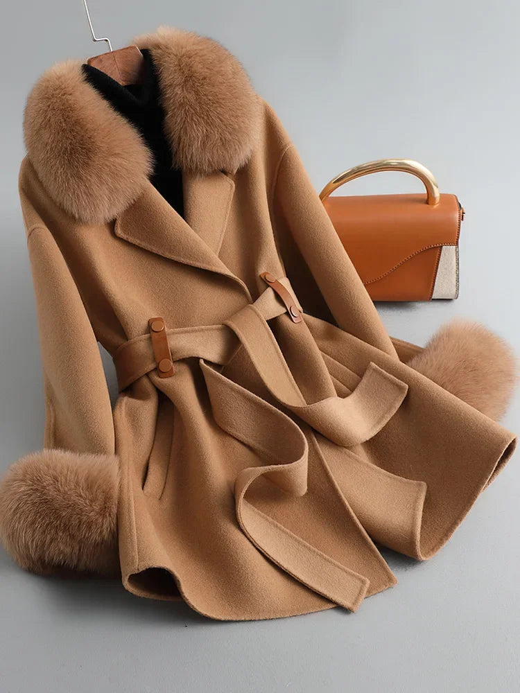 Women's Natural Fox Fur Collar Cashmere Wool Coat