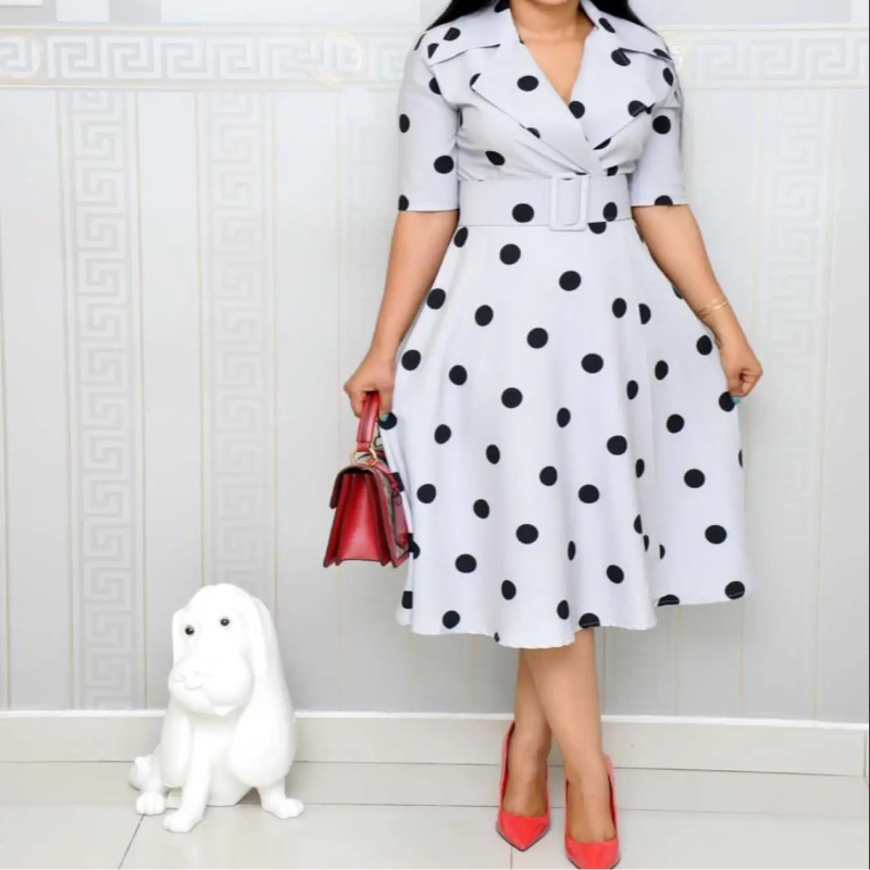 Women's Collar Mid Sleeve Splicing Large Swing Wide Belt Dress