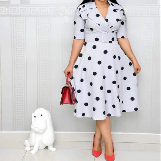 Women's Collar Mid Sleeve Splicing Large Swing Wide Belt Dress