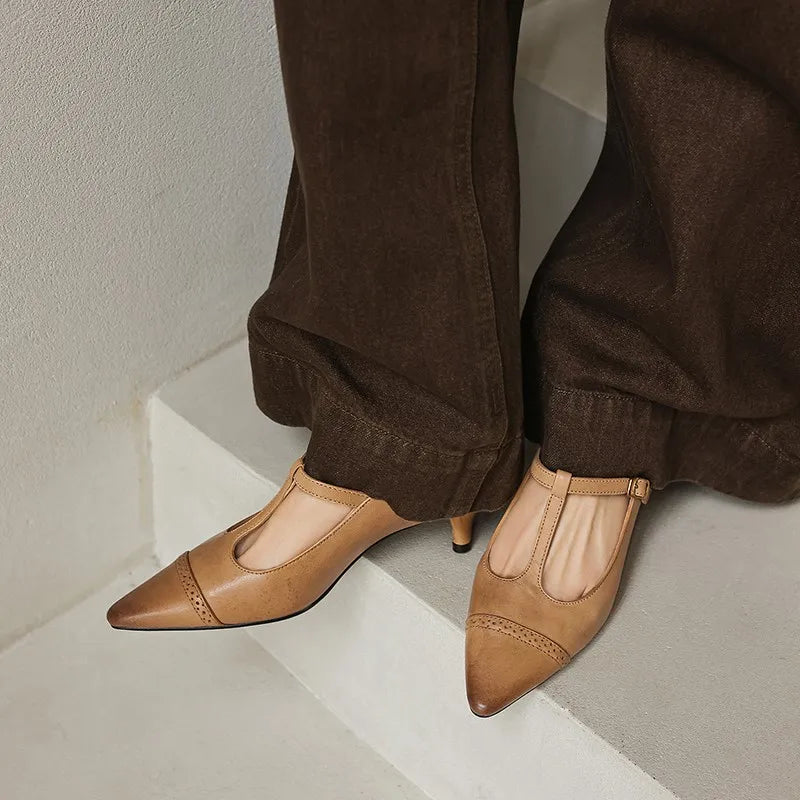 Women's Cow Leather T-Strap Pumps Shoes